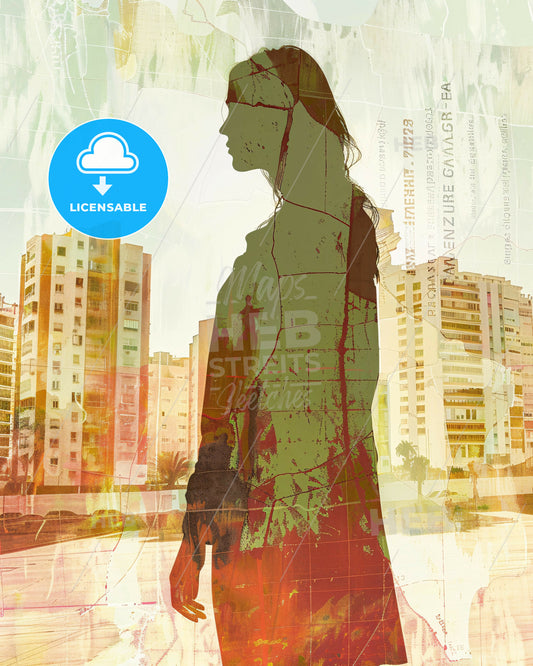 Gran Canaria Skyline Composite Art Poster - A woman standing in front of a city