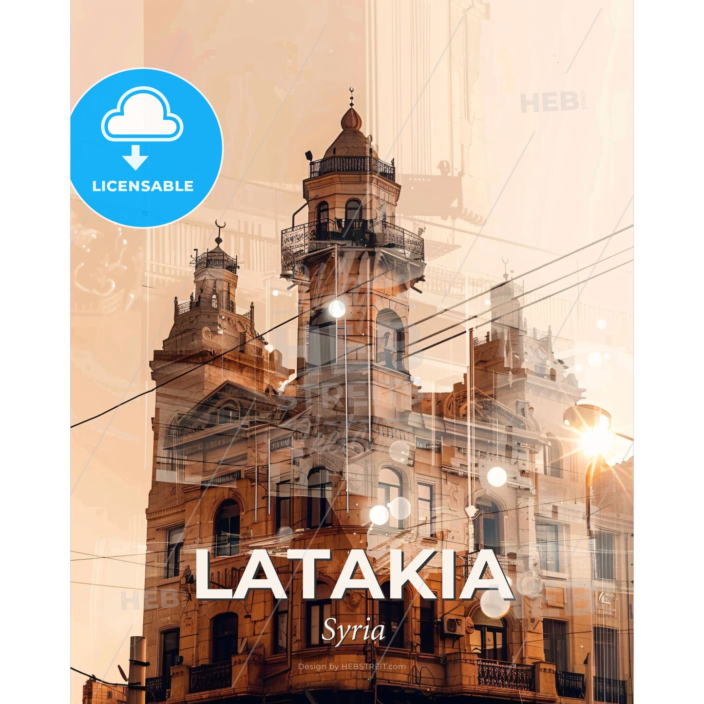 Latakia Skyline Poster Art Composite Beige Background - A building with a tower - Square format print template