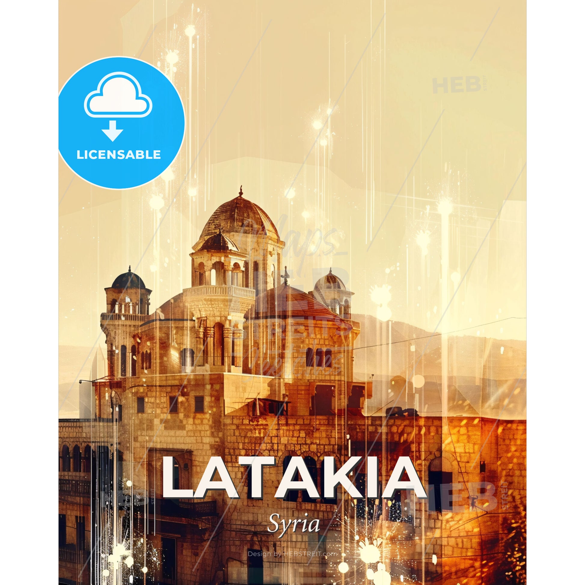 Latakia, Syria: Skyline with Local Landmarks - A building with a dome roof and a building with a tower and a building with a mountain and sky - Square format print template