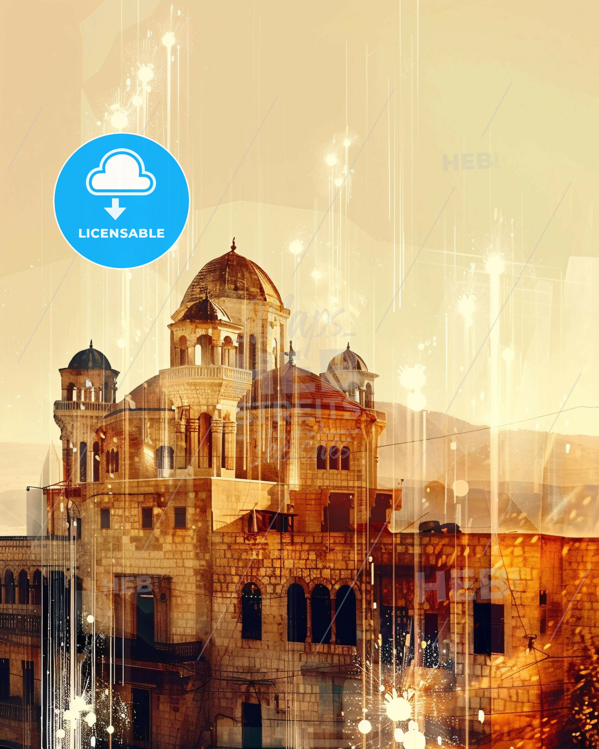 Latakia, Syria: Skyline with Local Landmarks - A building with a dome roof and a building with a tower and a building with a mountain and sky