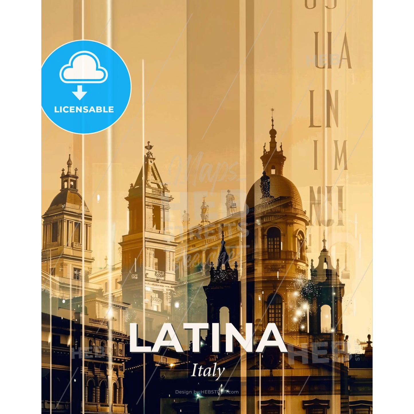 Latina City Skyline Poster Art, Delicate Paper with Glints - A building with towers and spires - Square format print template