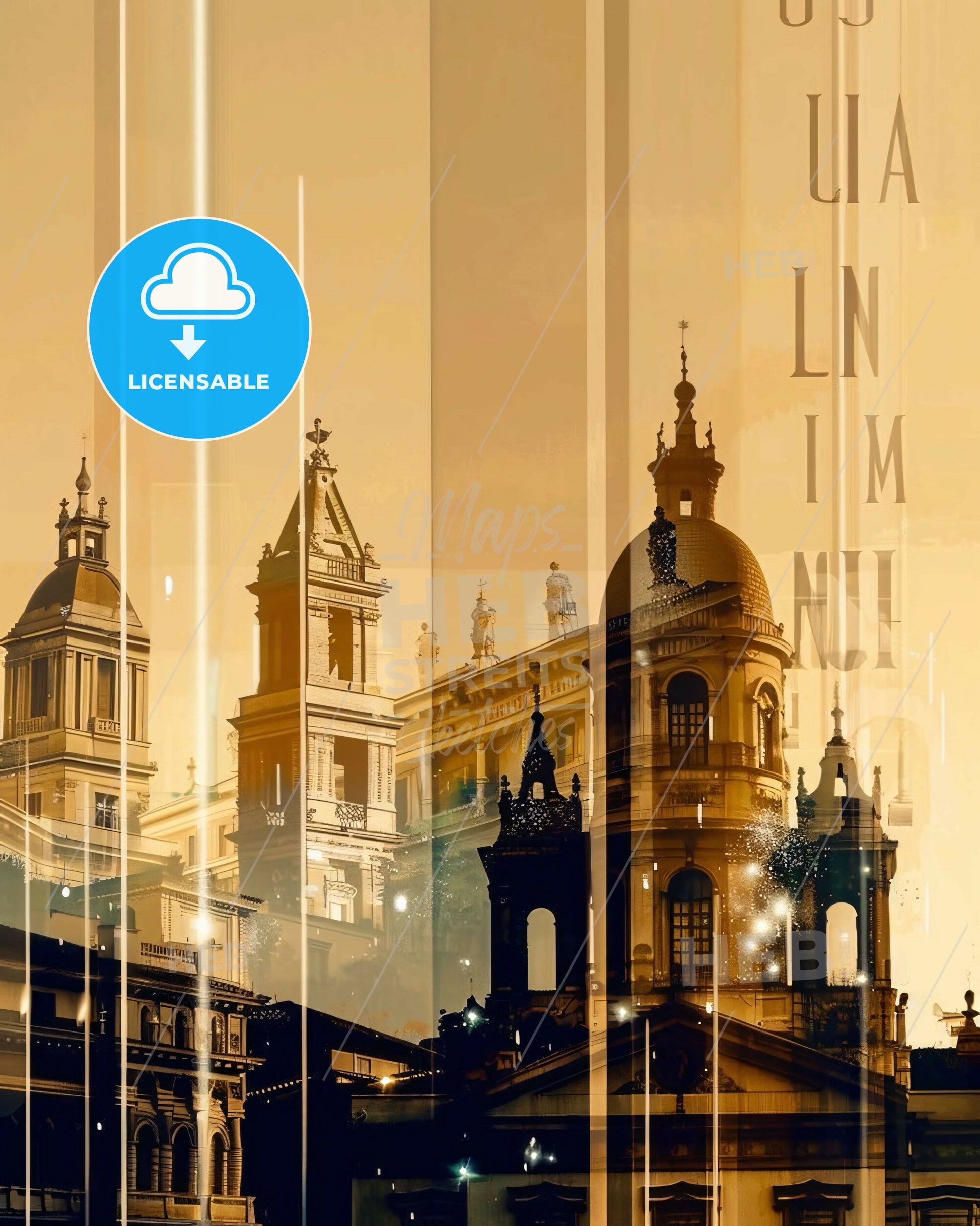 Latina City Skyline Poster Art, Delicate Paper with Glints - A building with towers and spires