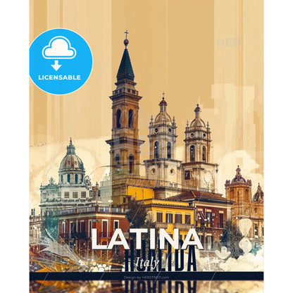 Latina City Lightscape Poster Print - A building with towers and a building with a street in the background - Square format print template