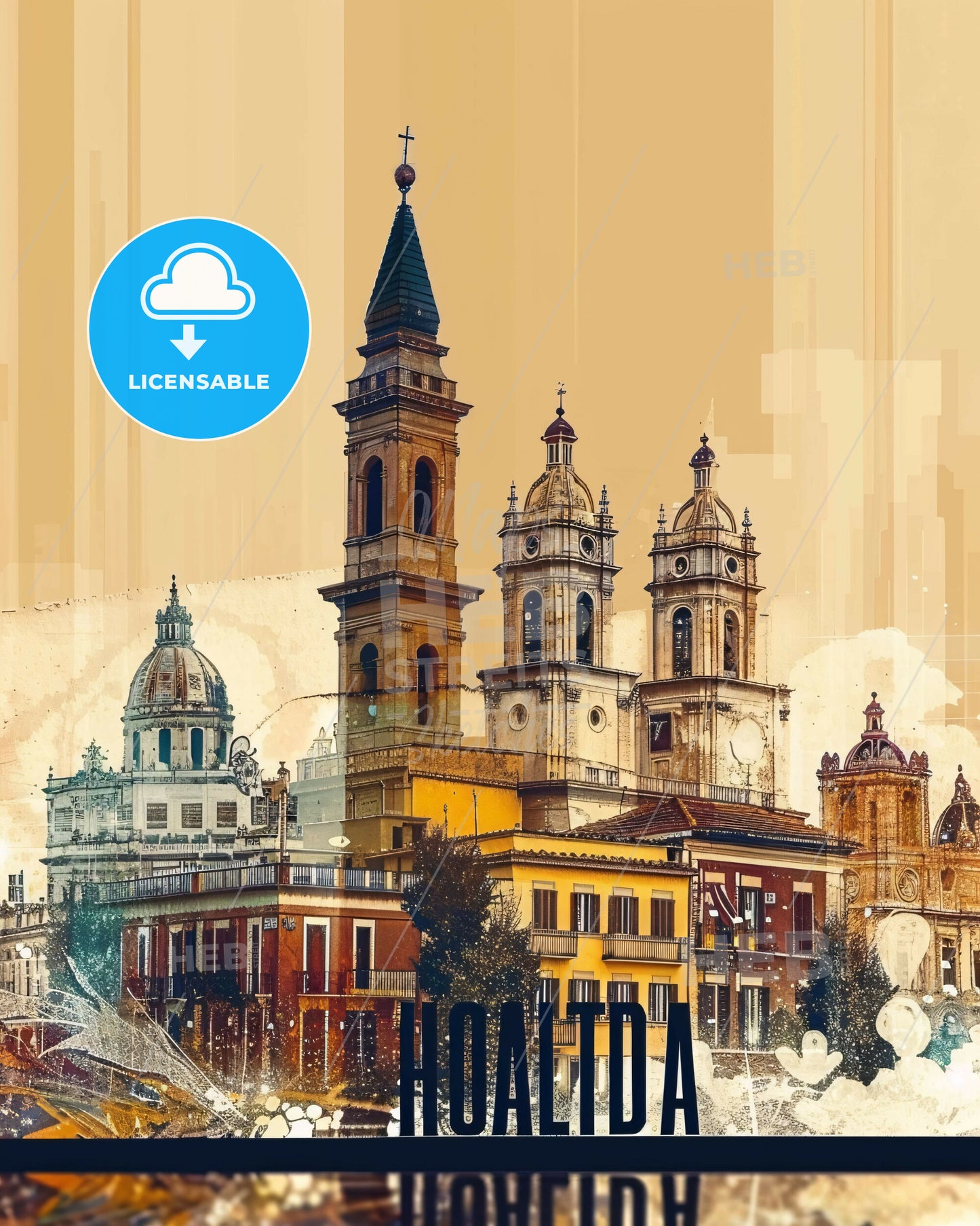 Latina City Lightscape Poster Print - A building with towers and a building with a street in the background