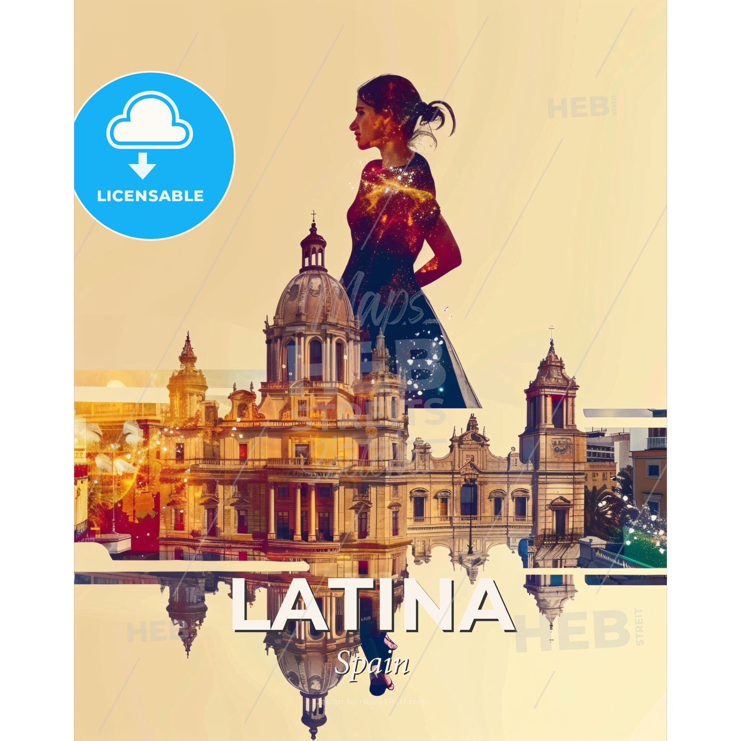 Latina Cityscape Art Poster: Local Vibes, Bright Beige - A woman in a dress and a building - Square format print template