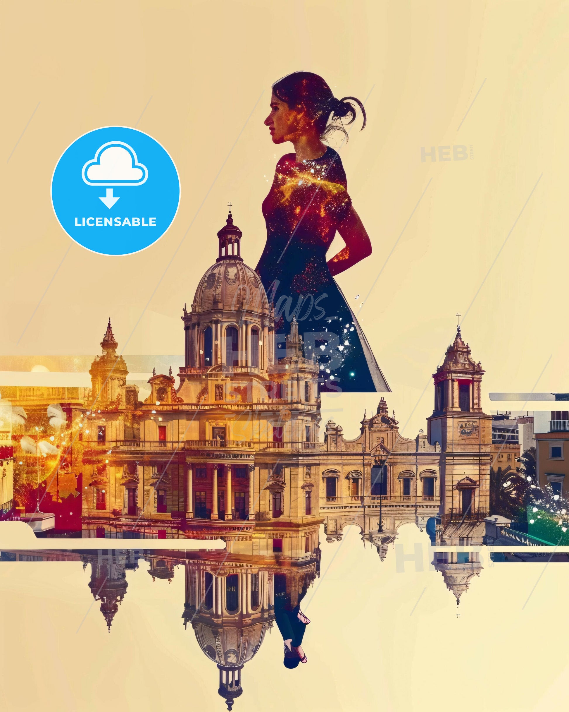 Latina Cityscape Art Poster: Local Vibes, Bright Beige - A woman in a dress and a building