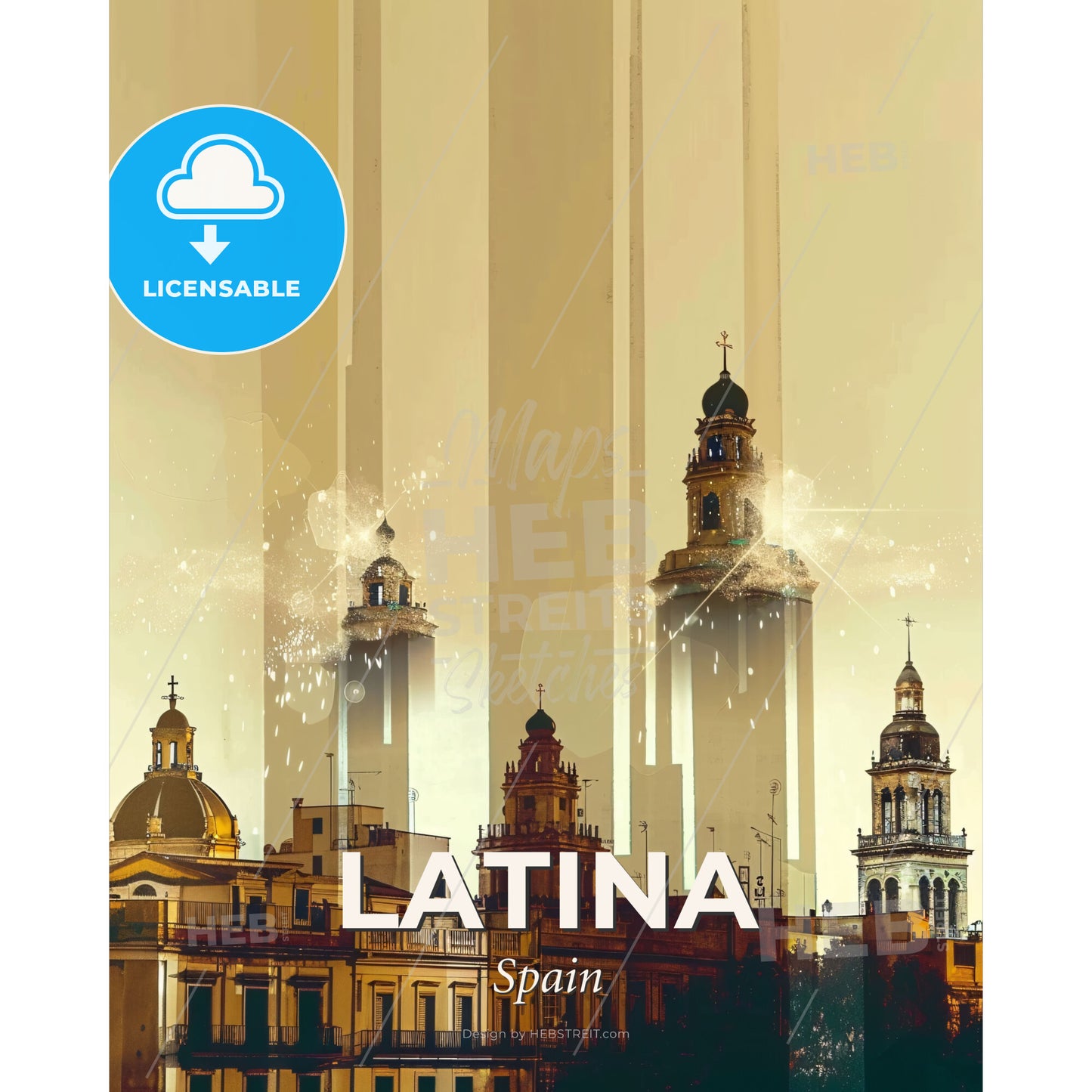 Latina: Skyline and City Icons Composite Art - A city skyline with tall buildings - Square format print template