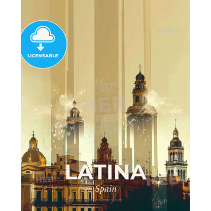 Latina: Skyline and City Icons Composite Art - A city skyline with tall buildings - Square format print template