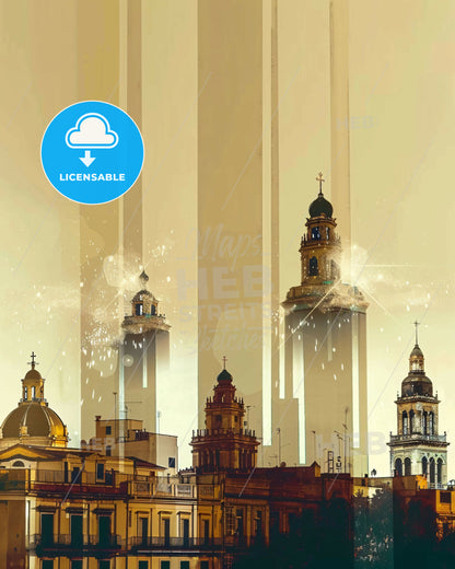 Latina: Skyline and City Icons Composite Art - A city skyline with tall buildings