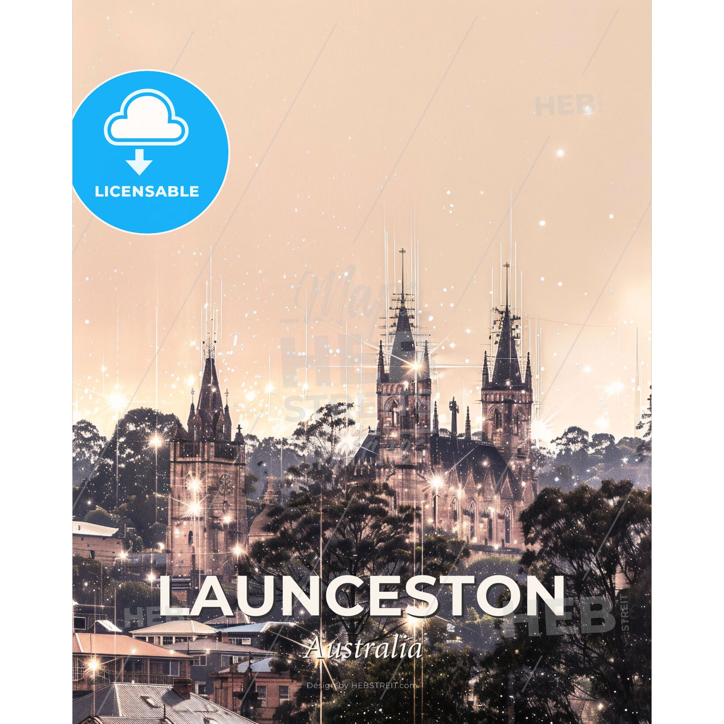 Launceston Skyline Composite Art Poster - A castle with towers and trees - Square format print template