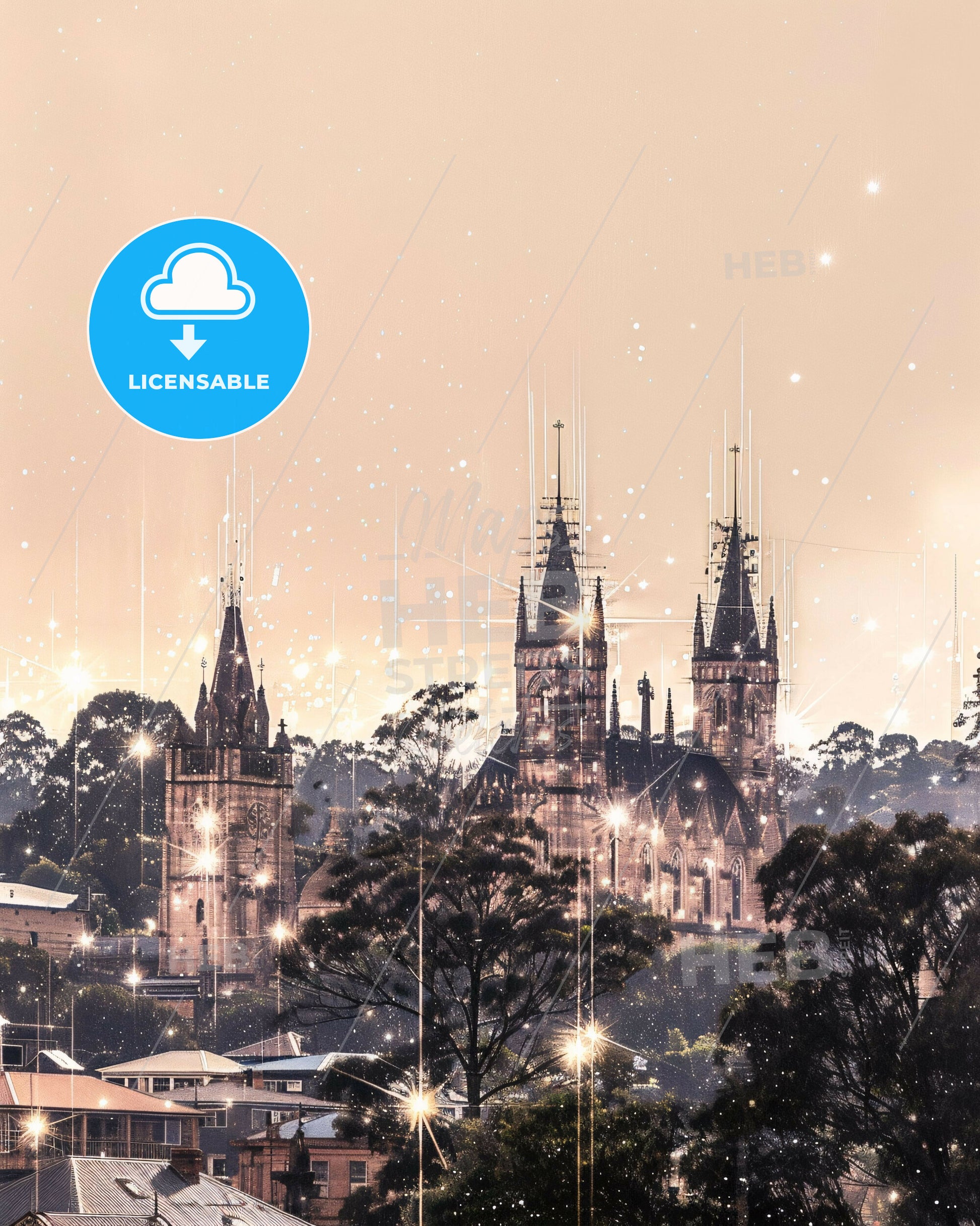 Launceston Skyline Composite Art Poster - A castle with towers and trees