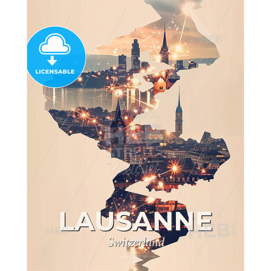 Lausanne Skyline Cityscape Poster Art - A map of a city with lights - Square format print template