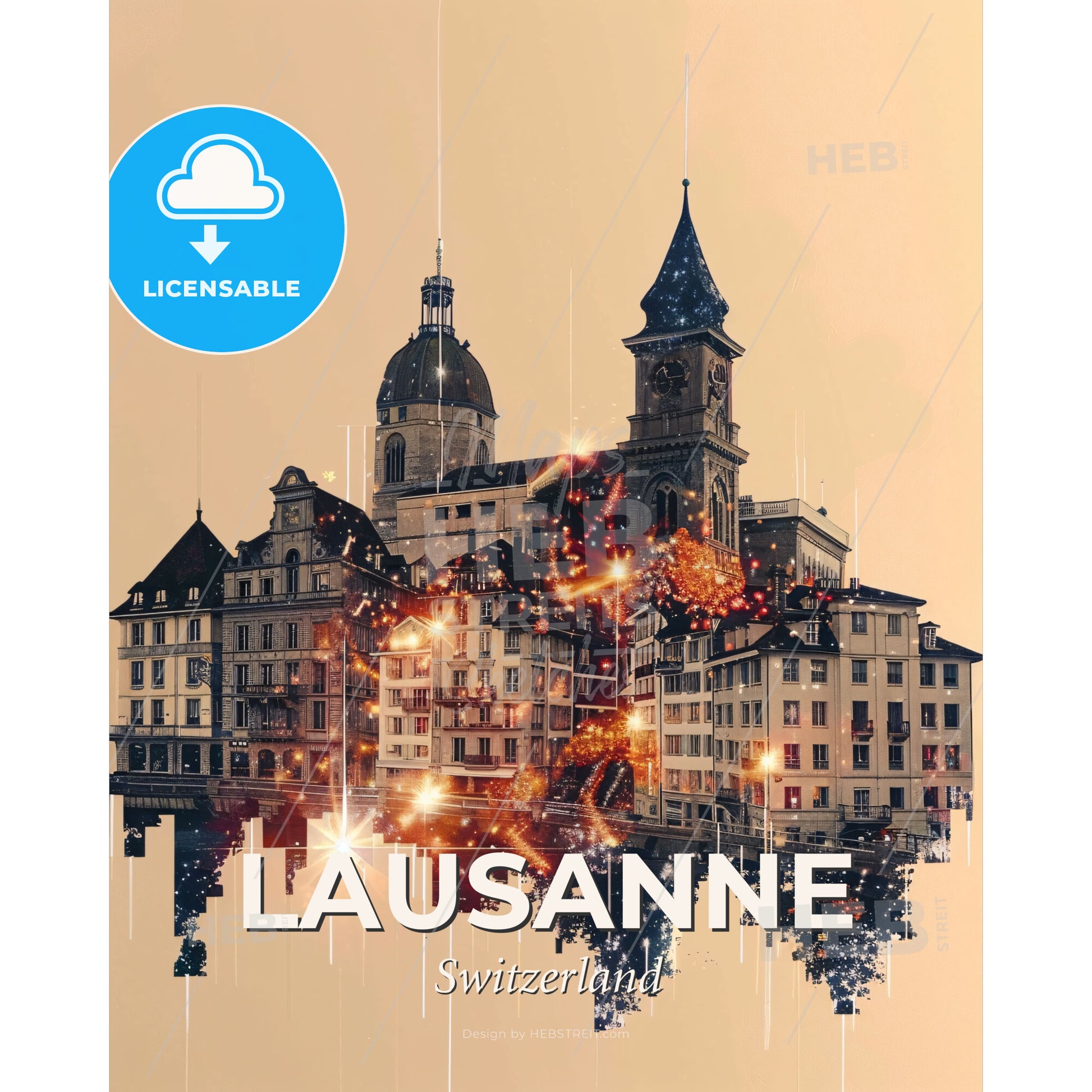 Lausanne Skyline Sparkles Bright Beige Art Print - A building with towers and a clock tower - Square format print template