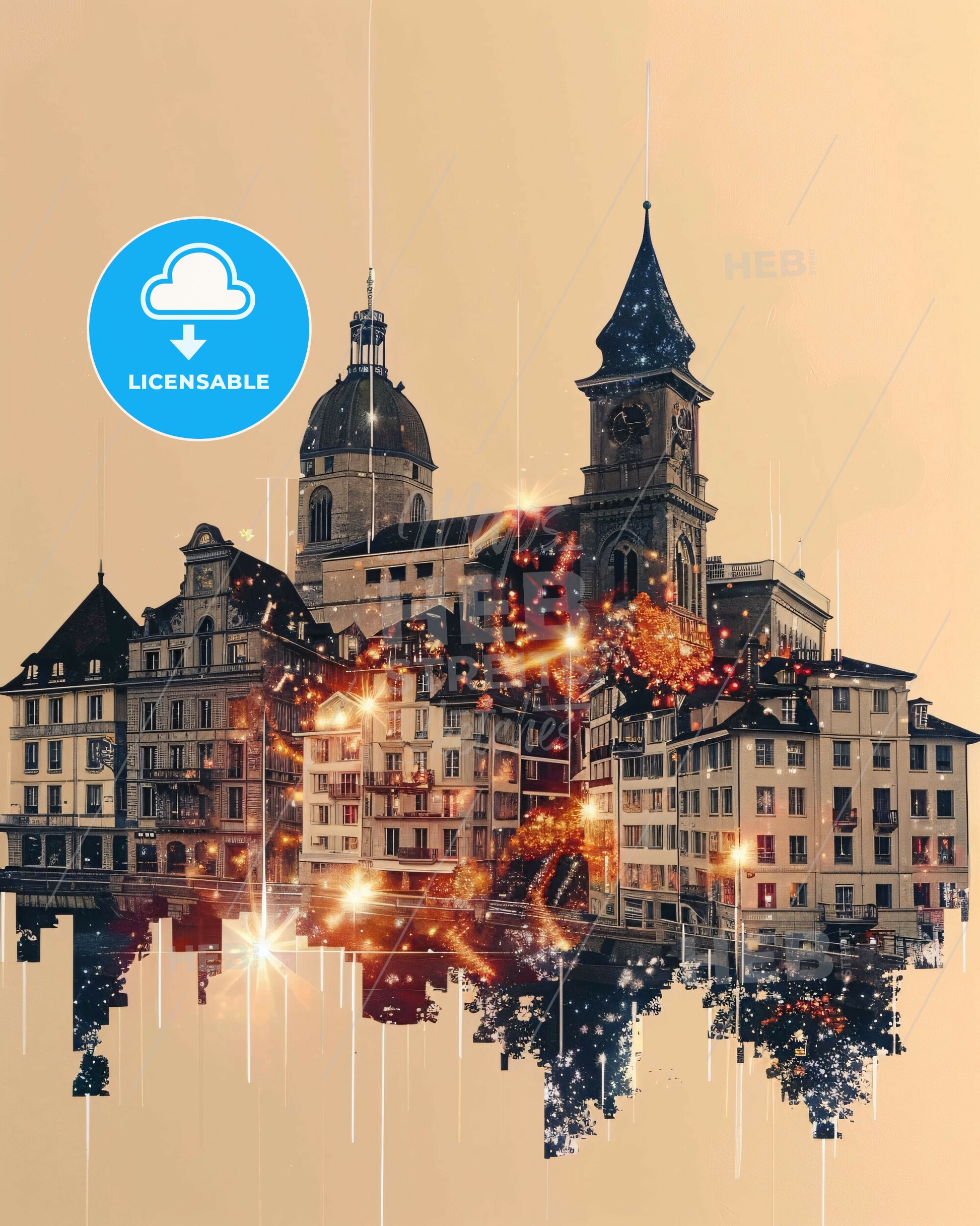 Lausanne Skyline Sparkles Bright Beige Art Print - A building with towers and a clock tower