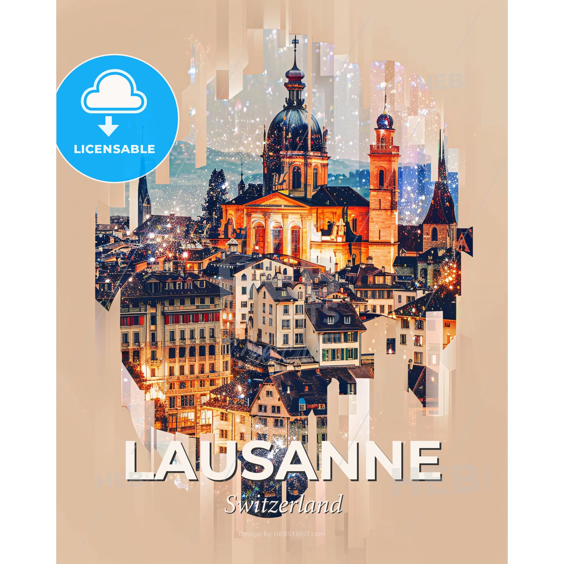 Lausanne Cityscape Skyline Composite Artwork Poster - A city with buildings and a dome - Square format print template