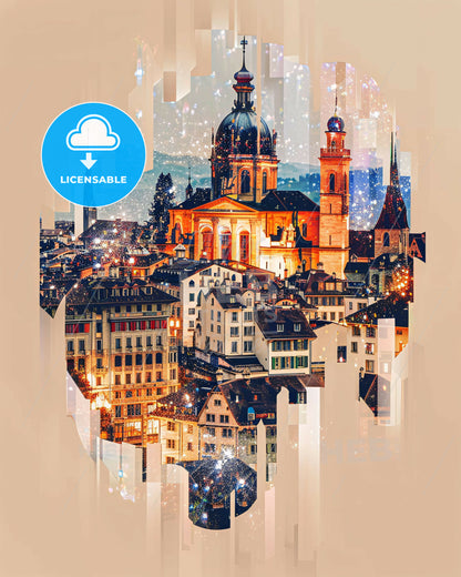 Lausanne Cityscape Skyline Composite Artwork Poster - A city with buildings and a dome