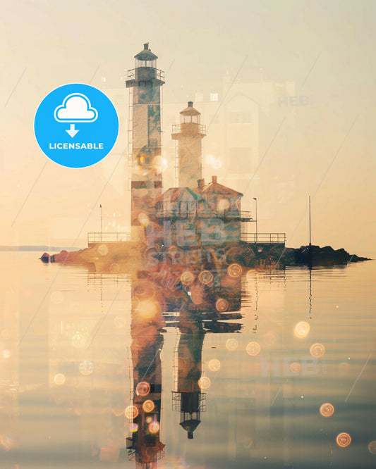 Lauttasaari skyline double exposure poster - A lighthouse on a small island in the water
