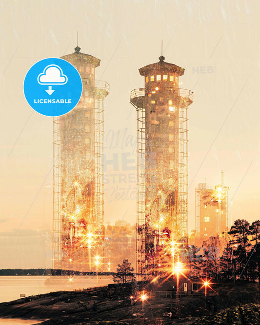 Lauttasaari Skyline Composite Art on Beige - A double exposure of tall buildings