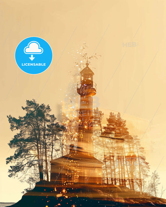 Lauttasaari Scenic Skyline with Sparkles in Beige - A light house with trees and a tower