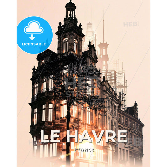 Le Havre Cityscape Double Exposure Skyline Poster - A building with a tree in front of it - Square format print template