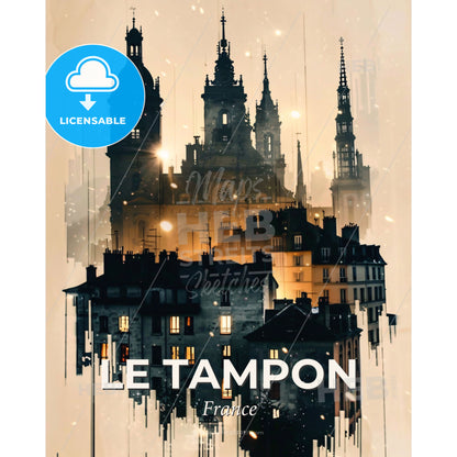 Le Tampon Skyline Silhouette Art Poster Bright Beige - A building with towers and windows - Square format print template