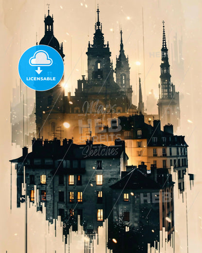 Le Tampon Skyline Silhouette Art Poster Bright Beige - A building with towers and windows