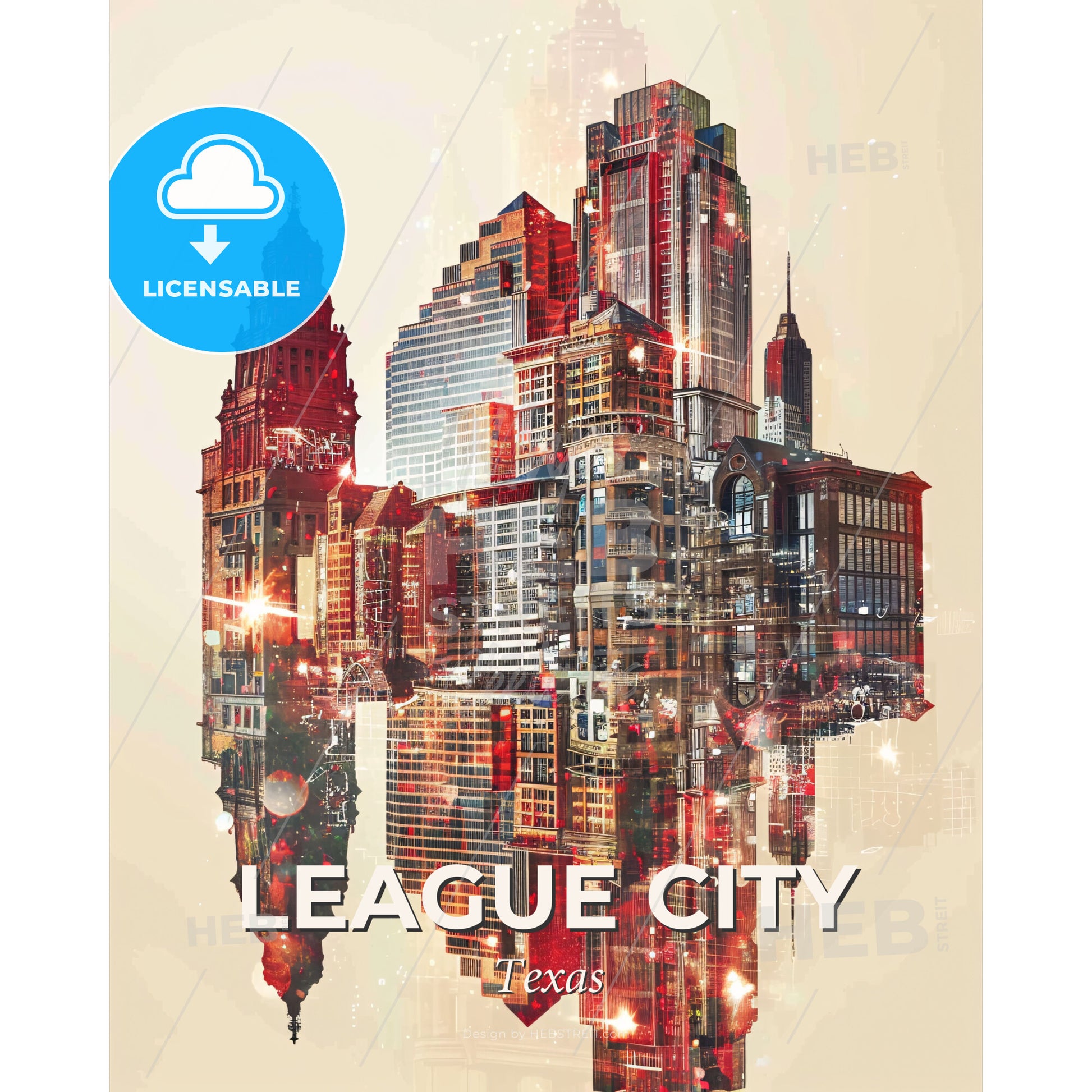 League City Texas Double Exposure Poster Art Skyline Icons - A city skyline with many buildings - Square format print template