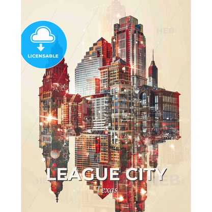 League City Texas Double Exposure Poster Art Skyline Icons - A city skyline with many buildings - Square format print template