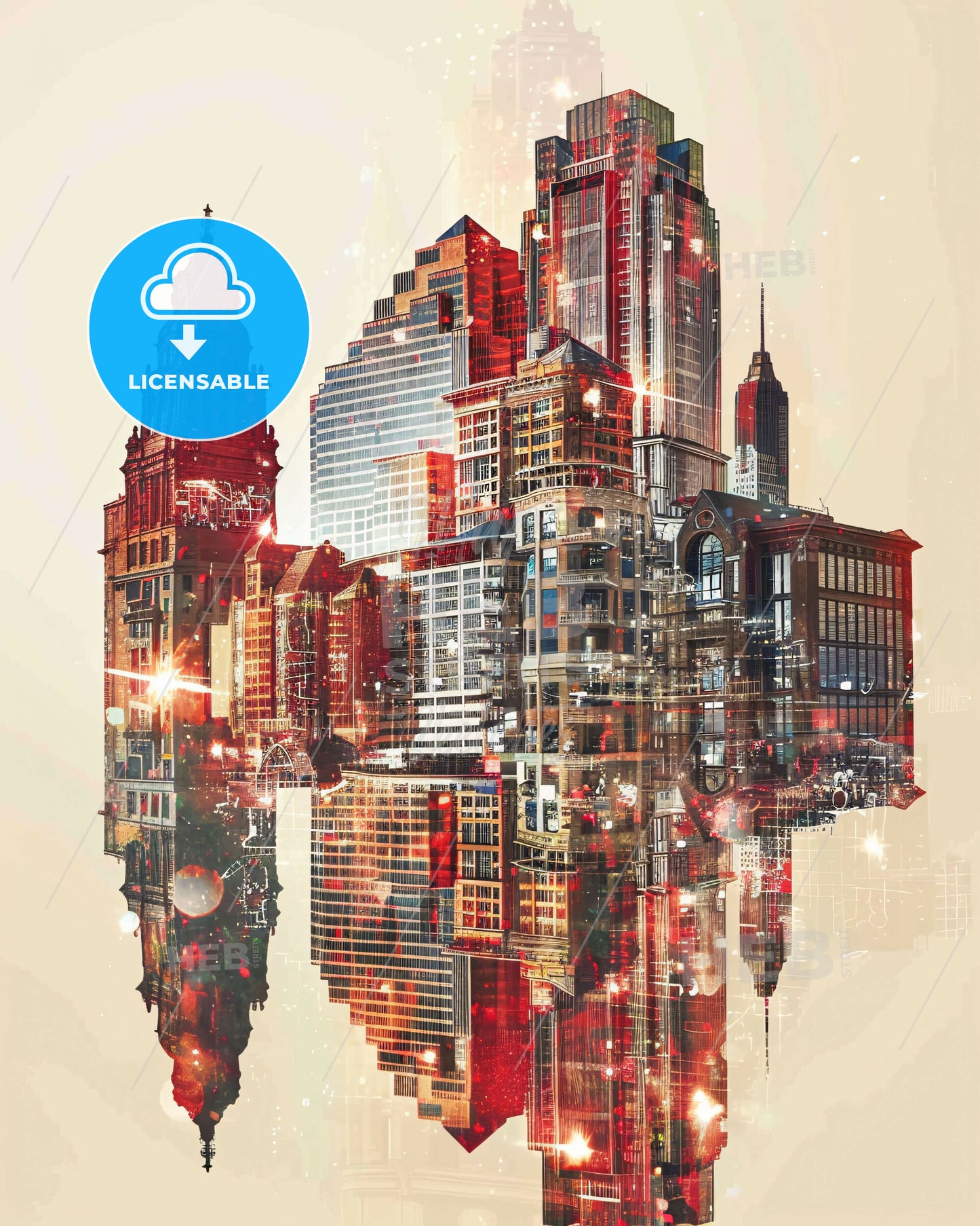 League City Texas Double Exposure Poster Art Skyline Icons - A city skyline with many buildings