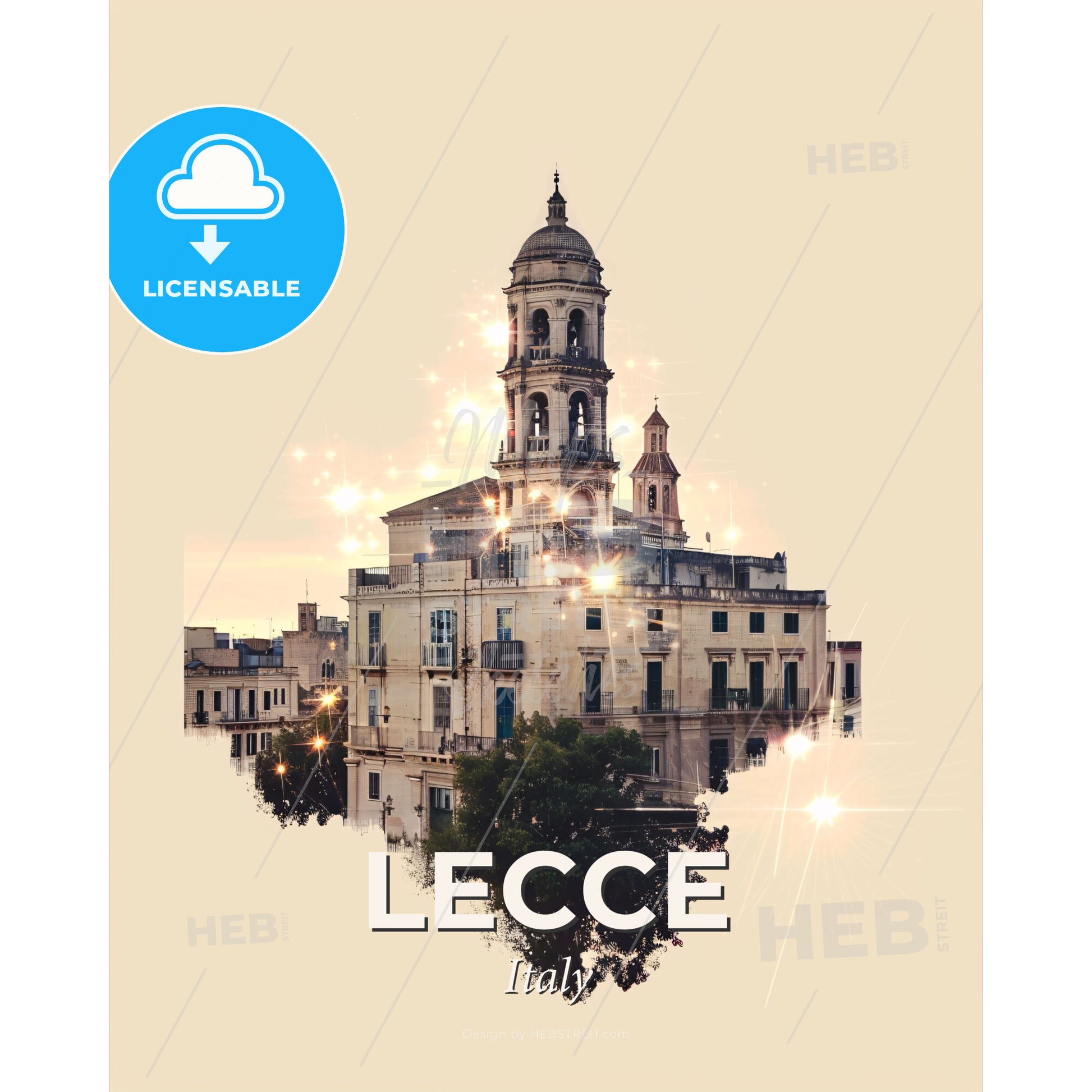 Lecce City Skyline Night Dream Pastel Poster - A building with a tower and a tree - Square format print template