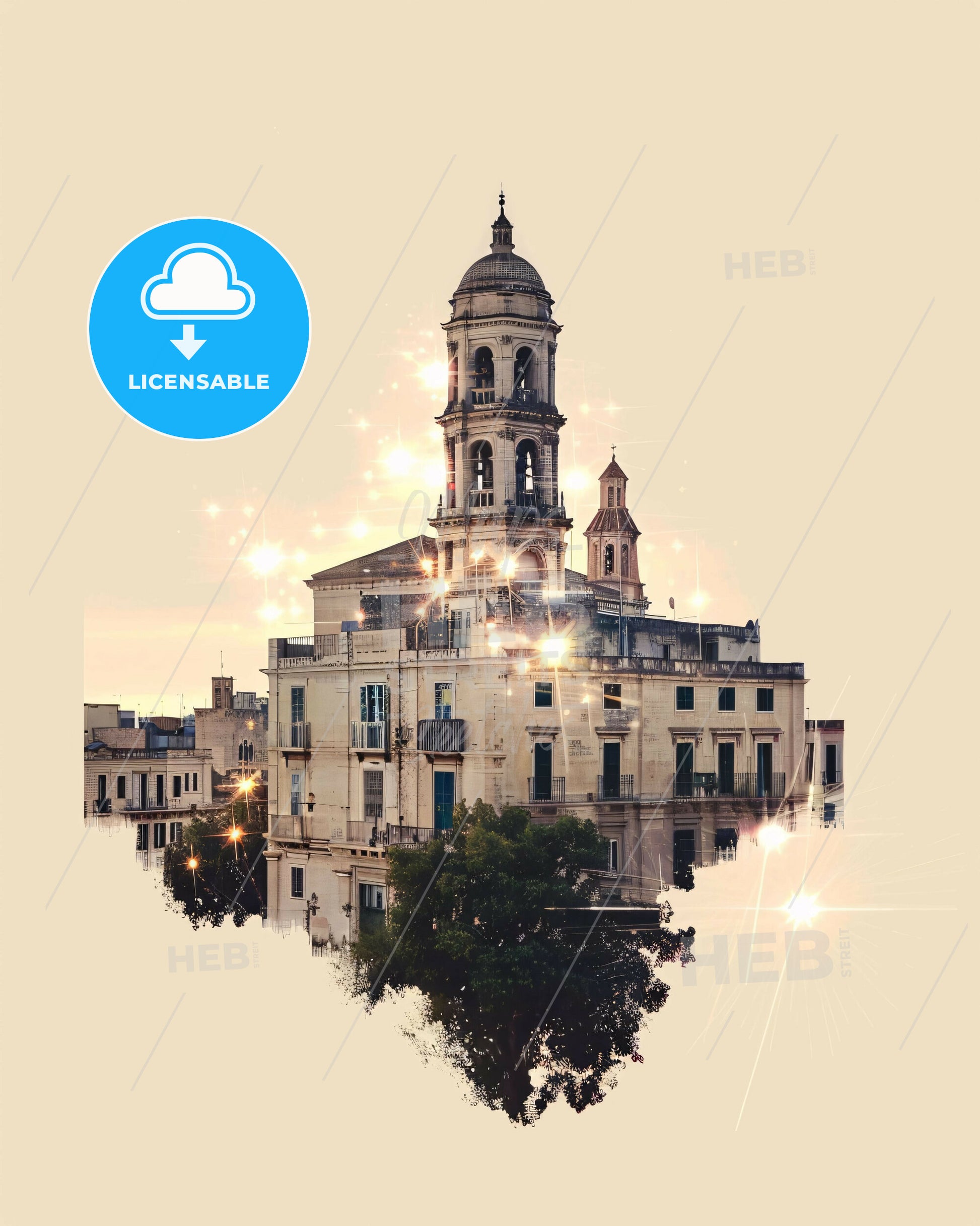 Lecce City Skyline Night Dream Pastel Poster - A building with a tower and a tree