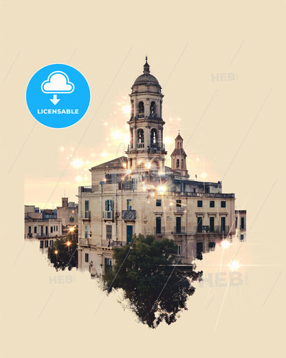 Lecce City Skyline Night Dream Pastel Poster - A building with a tower and a tree