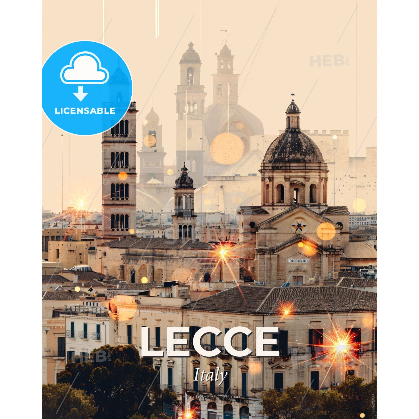 Lecce Italy Cityscape Art Deco Poster with Sparkles - A city with a large building - Square format print template