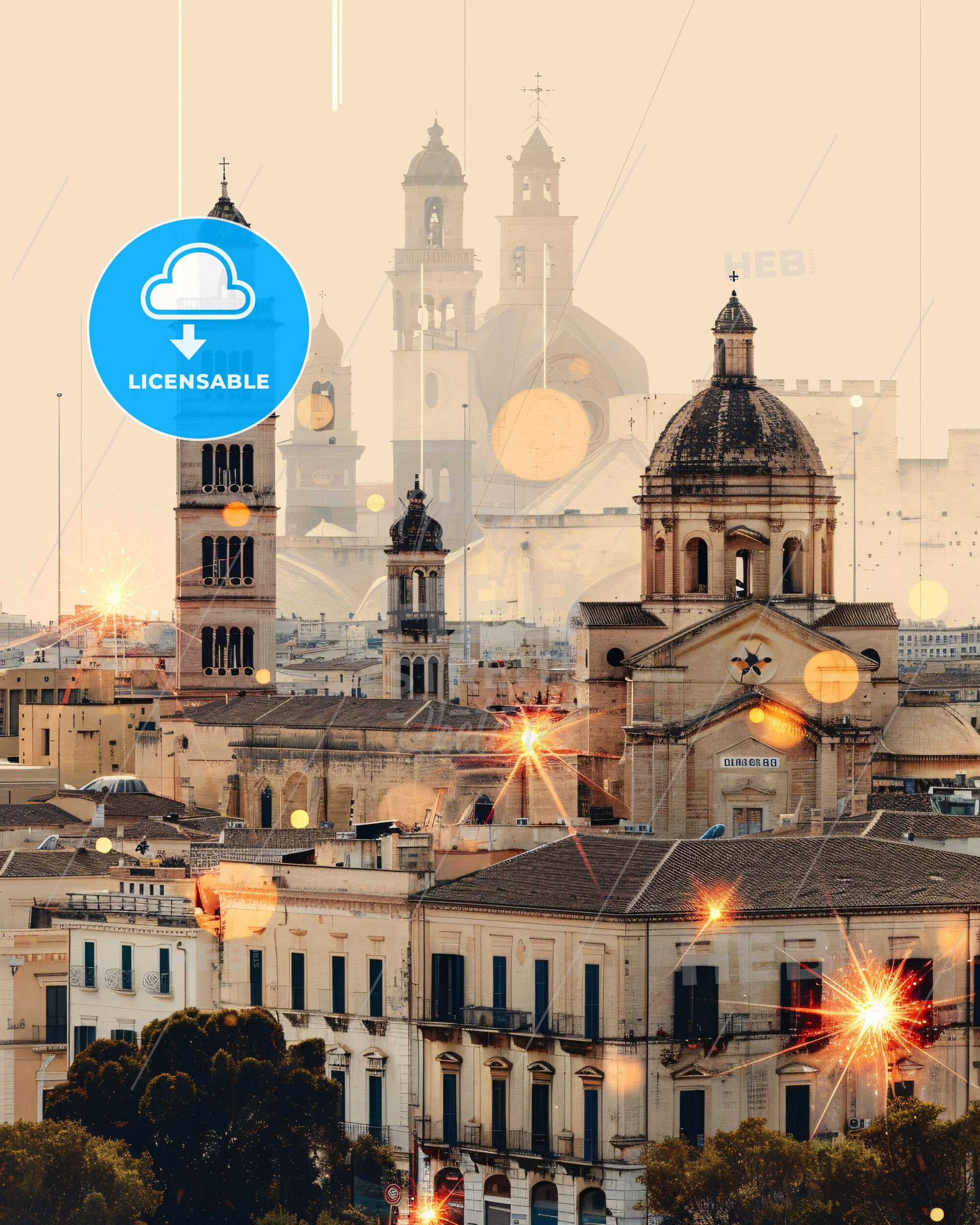 Lecce Italy Cityscape Art Deco Poster with Sparkles - A city with a large building