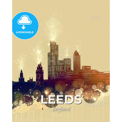 Leeds Skyline Double Exposure Iconic Architecture - A city skyline with fireworks - Square format print template