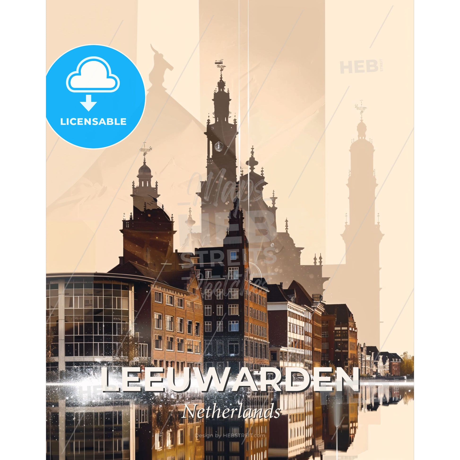 Leeuwarden Cityscape Panorama Skyline Artwork - A city with buildings and a river - Square format print template