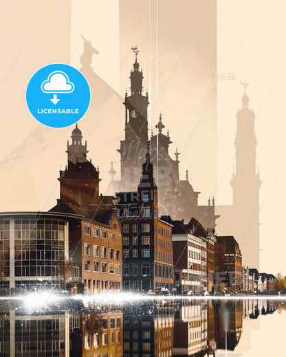 Leeuwarden Cityscape Panorama Skyline Artwork - A city with buildings and a river