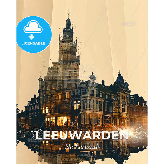 Leeuwarden City Architecture Skyline Art Collage Beige Sparkle - A building with a tower and a reflection of a light - Square format print template