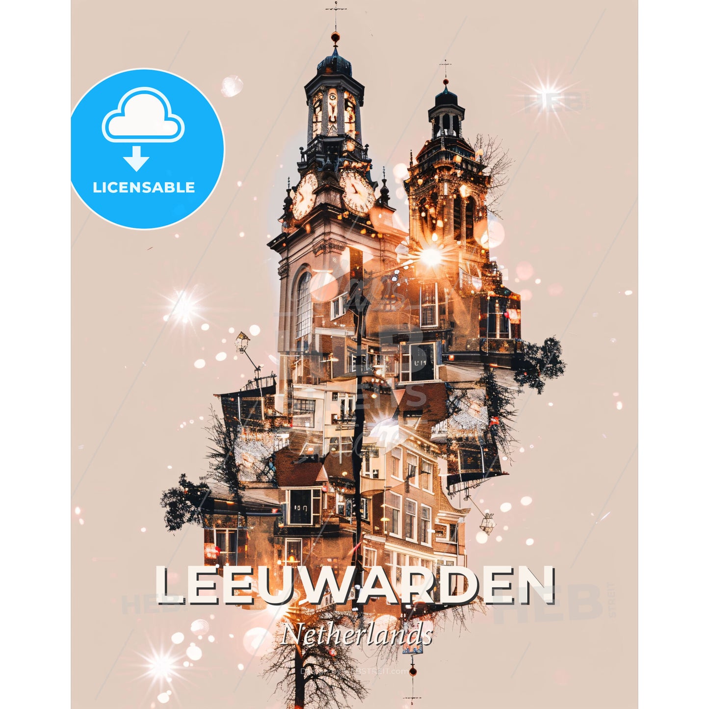 Leeuwarden Skyline Double Exposure Poster Art - A building with a clock tower - Square format print template