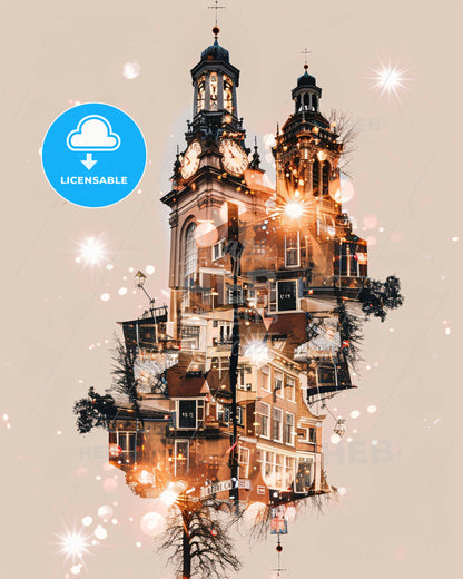 Leeuwarden Skyline Double Exposure Poster Art - A building with a clock tower