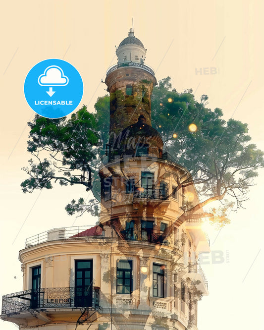 Lefkada, Greece Skyline Double Exposure Art Poster - A building with a tower and a tree
