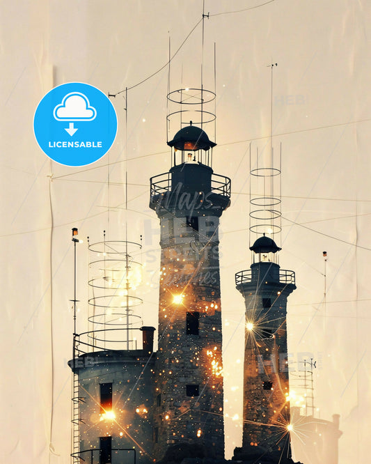 Lefkada Greece Skylines Double Exposure Beige Poster - A lighthouse with lights and smoke