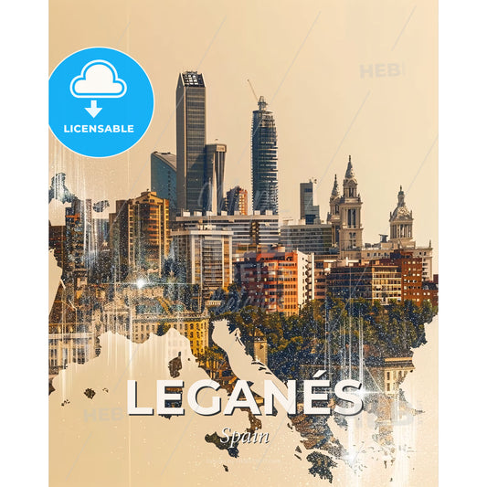 LeganÃ©s Skyline Double Exposure Art Poster - A cityscape with a map - Square format print template