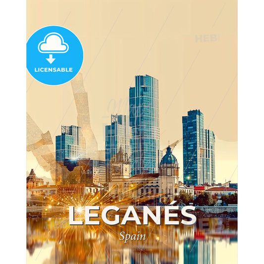Leganés Spain Double Exposure Art Poster - A city skyline with a body of water - Square format print template