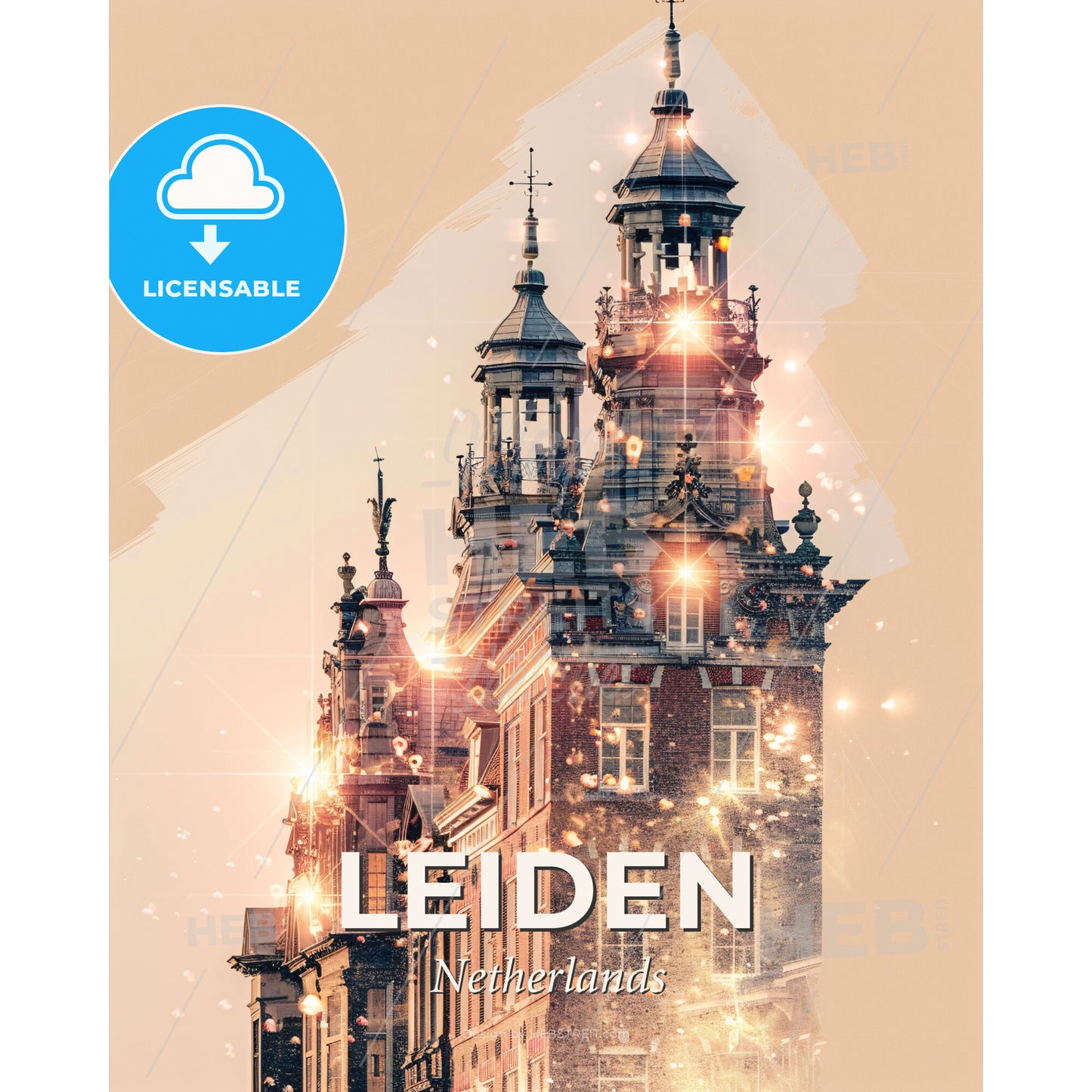 Leiden Skyline Double Exposure Art Poster - A building with many spires and lights - Square format print template