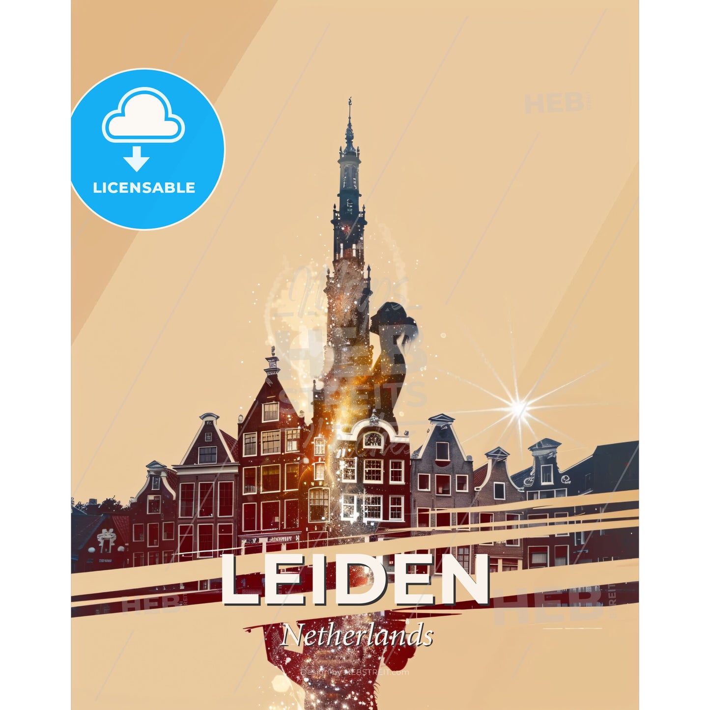 Leiden Skyline Poster - City Lights and Architecture - A woman standing on a building - Square format print template
