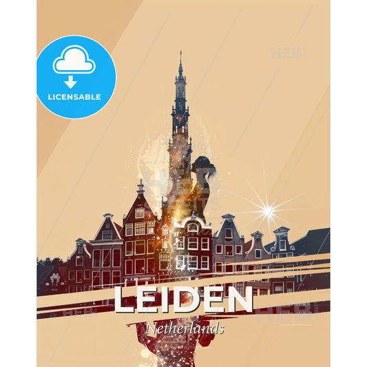 Leiden Skyline Poster - City Lights and Architecture - A woman standing on a building - Square format print template
