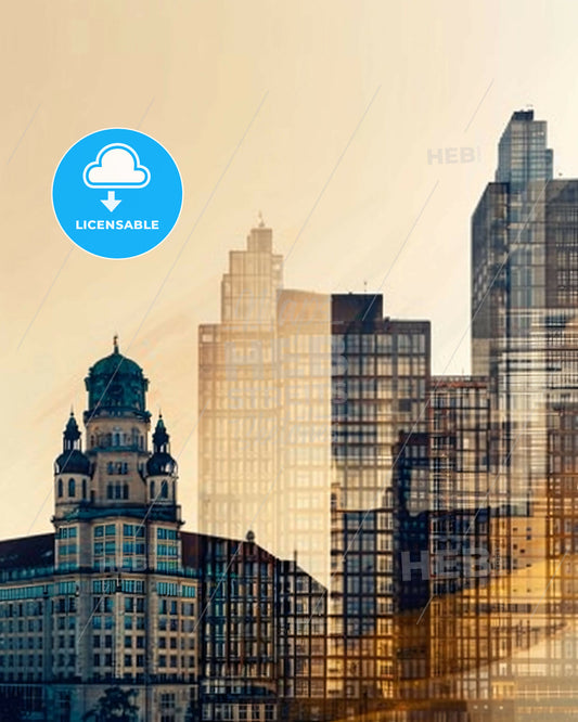 Leipzig Skyline Cityscape Double Exposure Art Print - A city skyline with many tall buildings