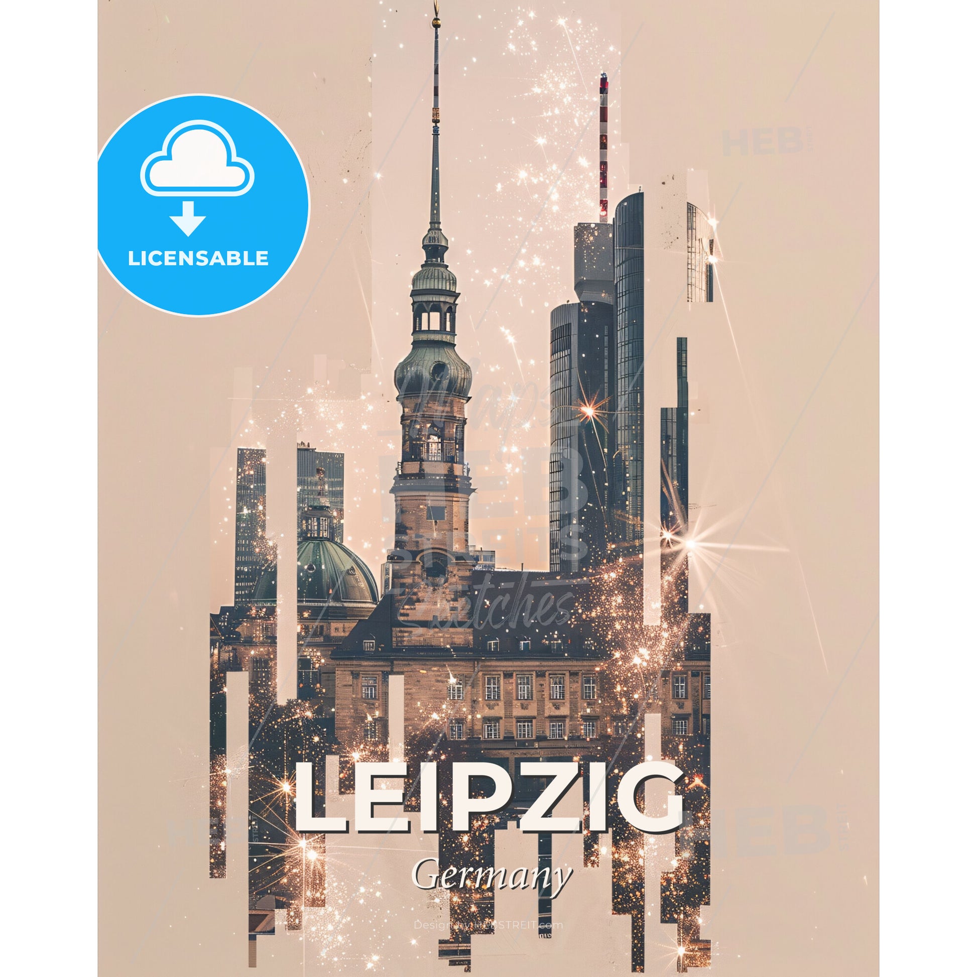 Leipzig City Skyline Composite Poster - A city skyline with a tower and a building - Square format print template