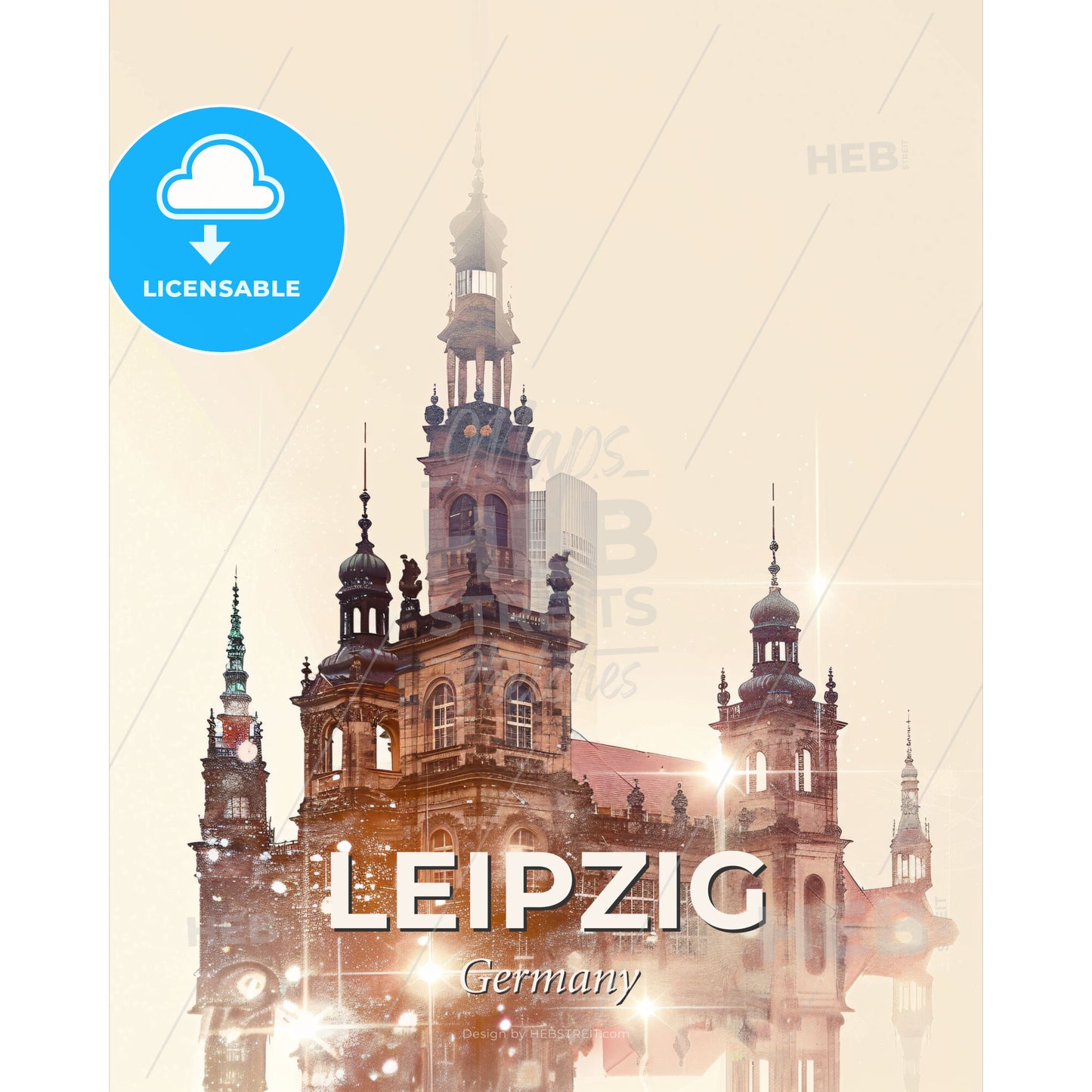 Leipzig Skyline Poster: City Icons in Silhouette - A building with towers and spires - Square format print template